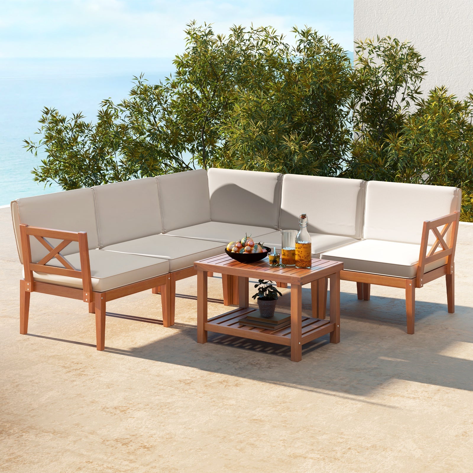 6 Pieces Acacia Wood Patio Furniture Set with Cushions and 2-Tier Coffee Table-White
