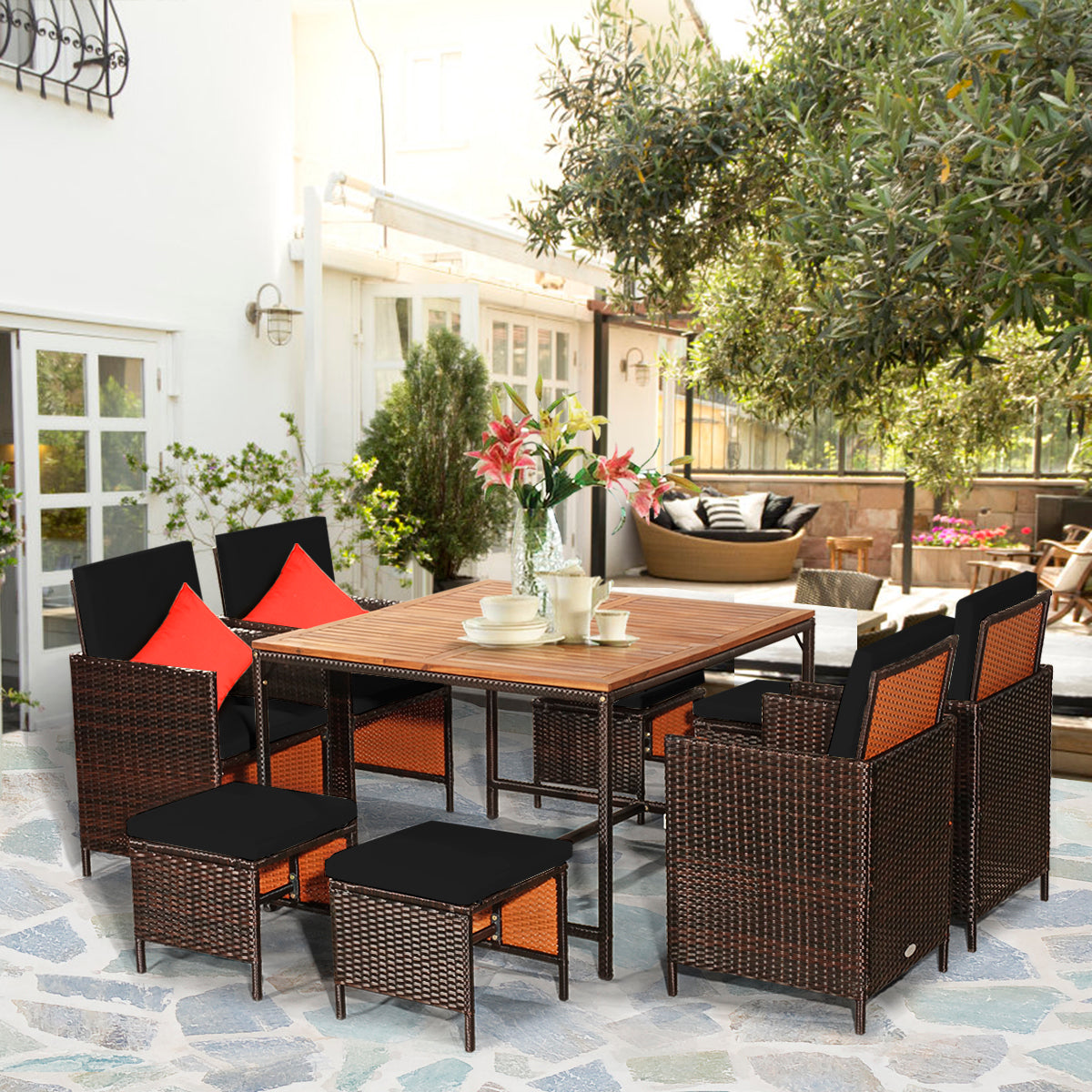 9 Pieces Patio Rattan Dining Cushioned Chairs Set-Black