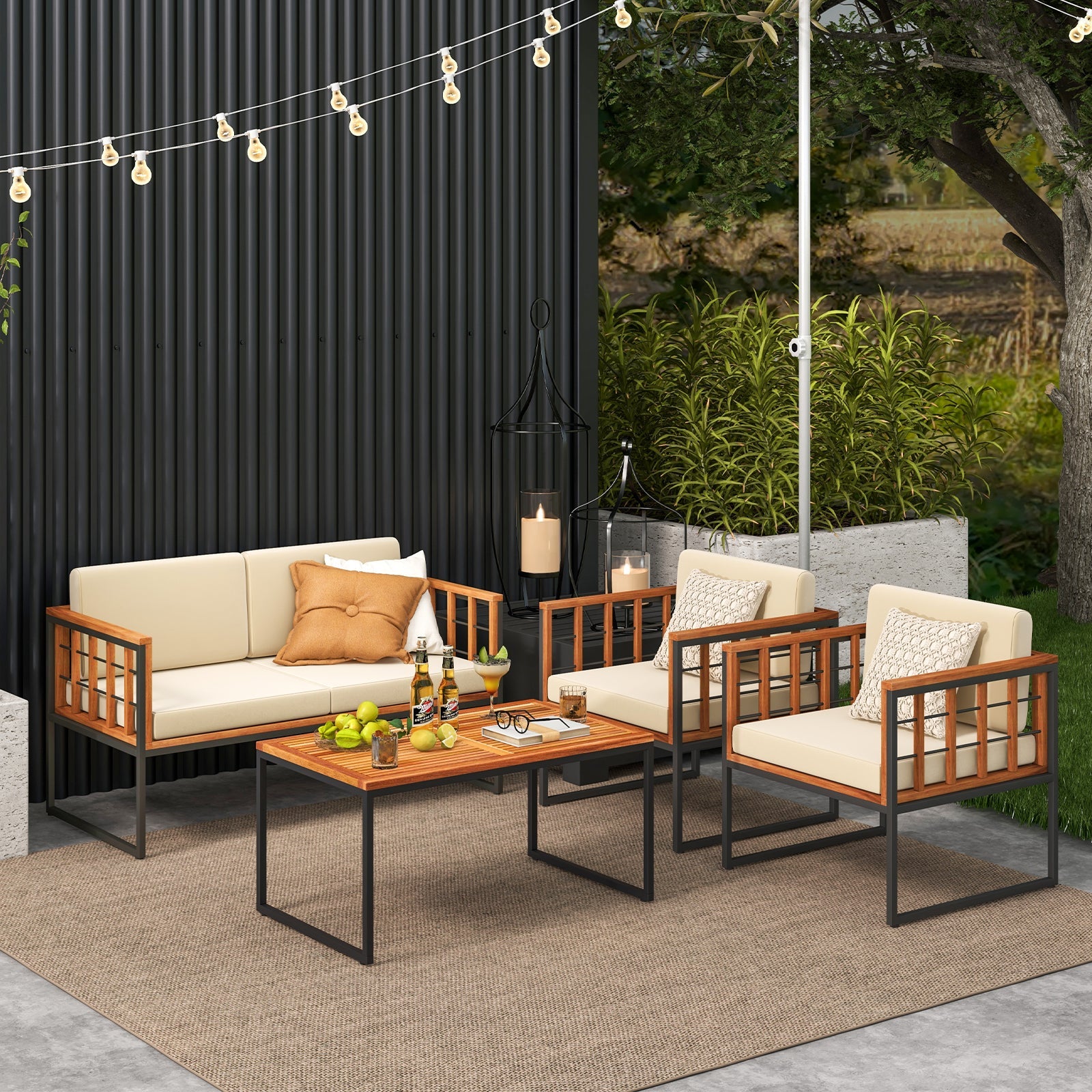 4 Pieces Acacia Wood Outdoor Sofa Set for Balcony Porch Backyard Poolside