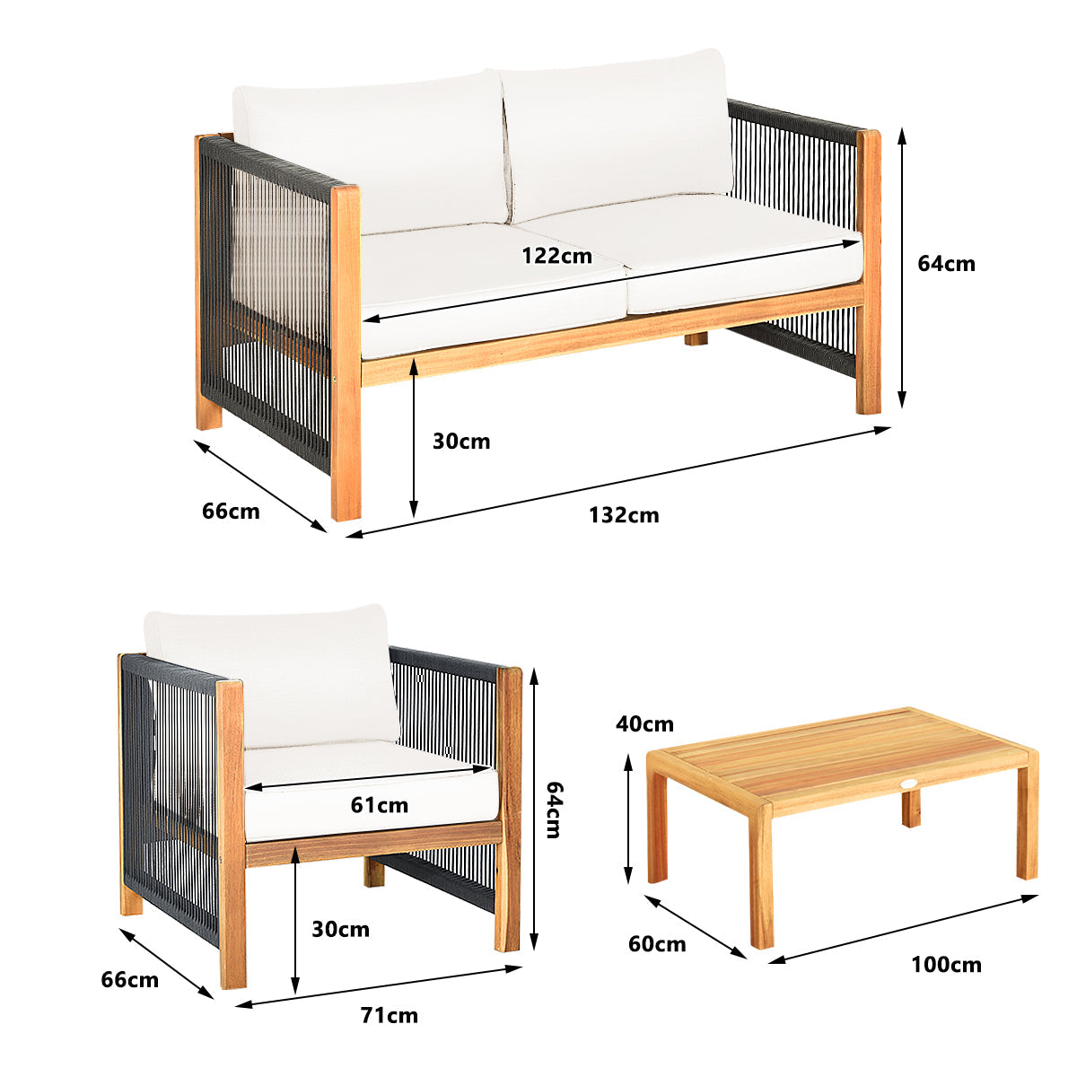 4 Pieces Wood Outdoor Patio Furniture Set with Cushions for Garden-Turquoise