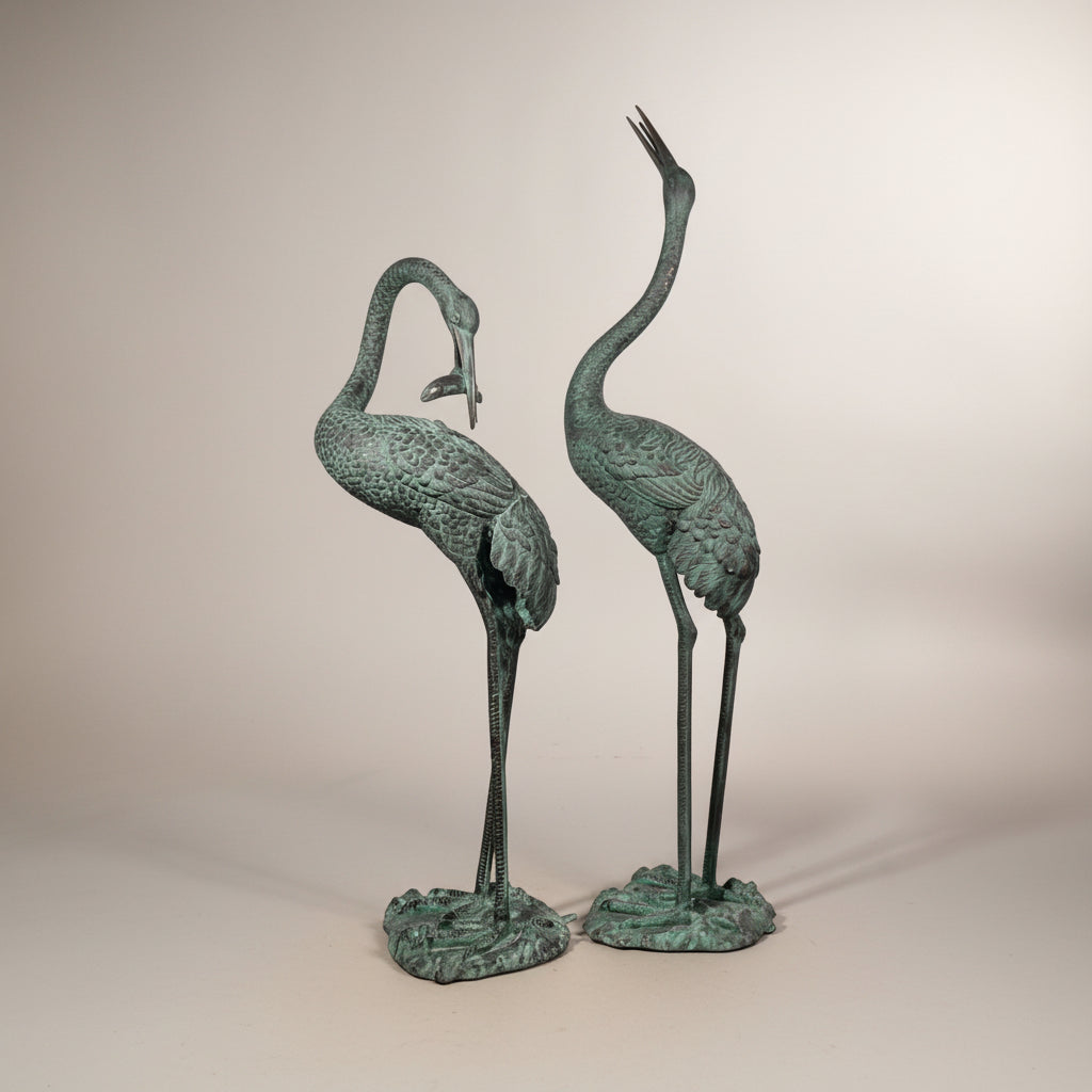 Standing Crane Bird Bronze Statue Set
