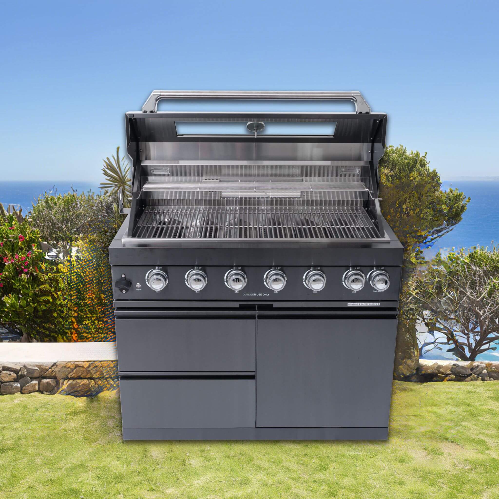 Castelle Flame Premium Black Stainless Steel 6-Burner Gas Grill Kitchen Island With Rotisserie Kit (SAK82641)