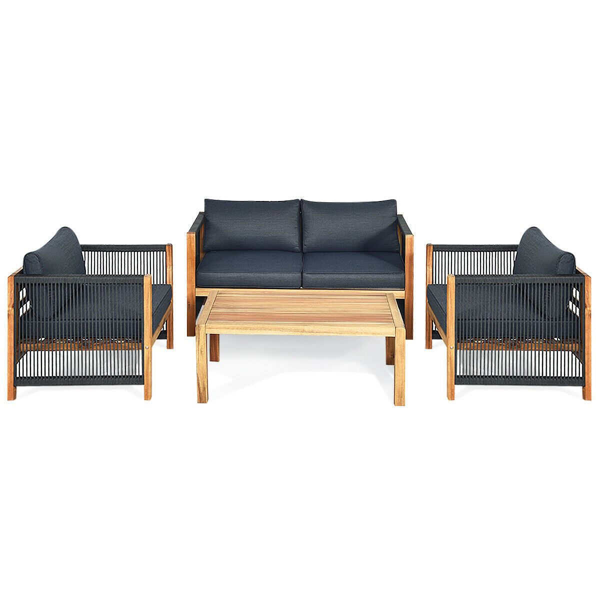 4 Pieces Acacia Wood Outdoor Patio Furniture Set with Cushions-Gray
