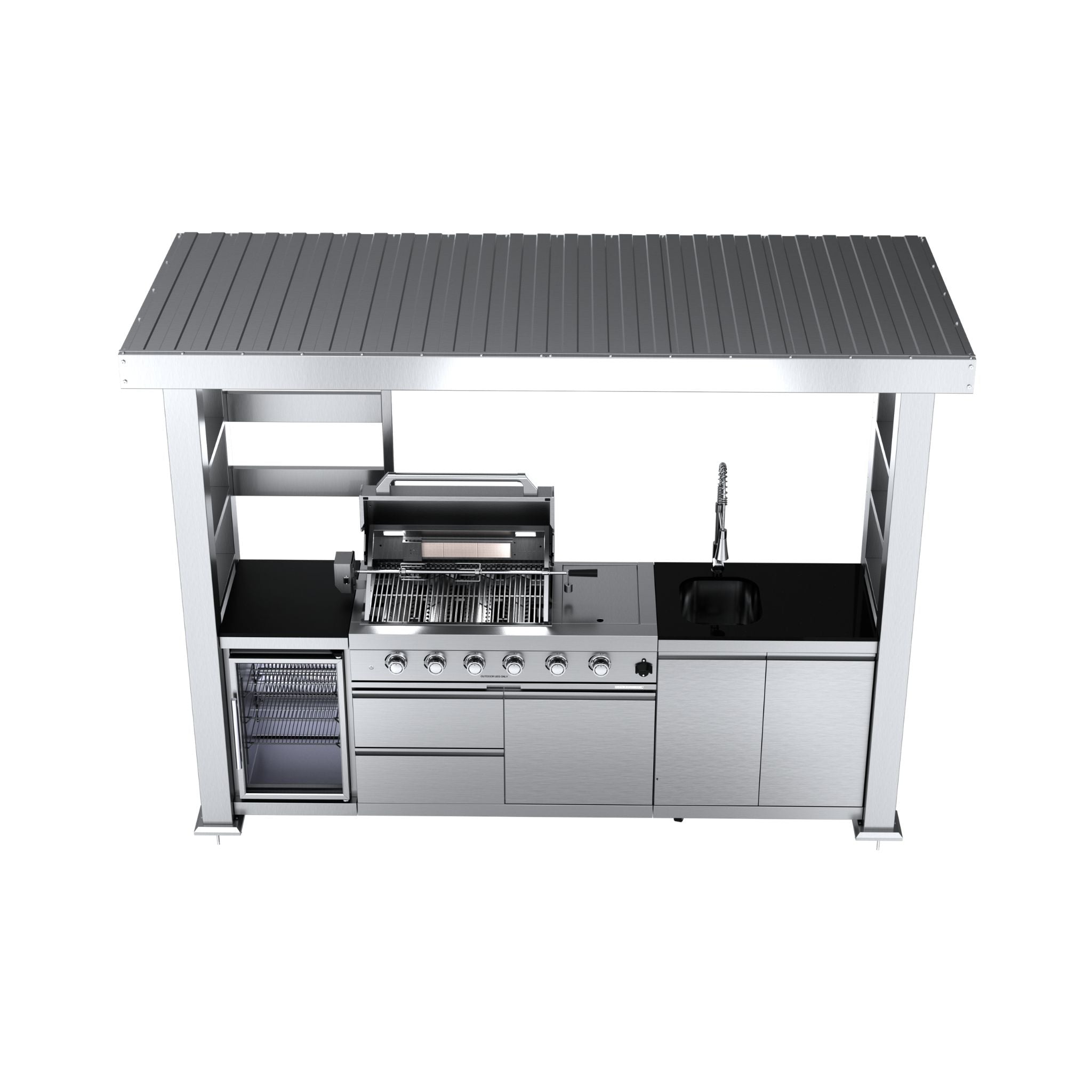 Castelle Flame Imperial 110-Inch 4-Burner 72K BTU Deluxe Stainless Steel Outdoor Kitchen Grill Island With Wine Cooler, Rotisserie, Cabinets, And Granite Countertops (SAK94721)