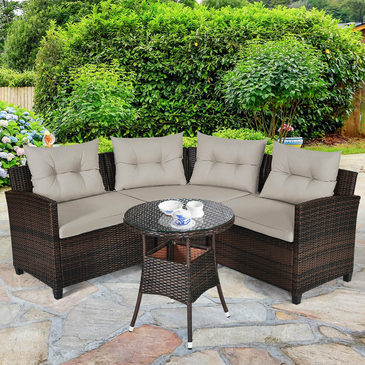 4 Pieces Furniture Patio Set Outdoor Wicker Sofa Set