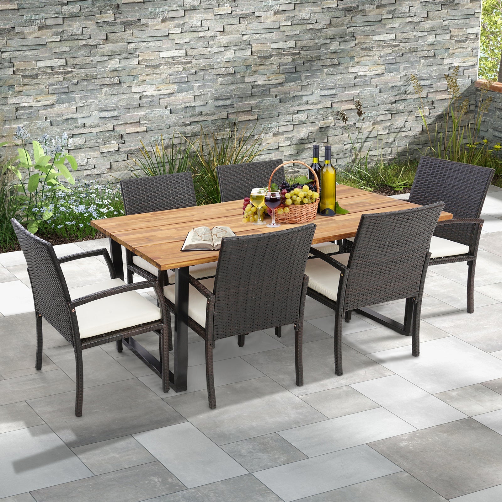 7 Pieces Patio Rattan Dining Set with Umbrella Hole-L-shaped Handrail