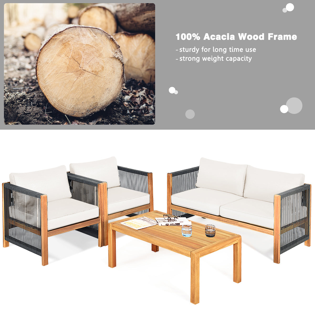 4 Pieces Wood Outdoor Patio Furniture Set with Cushions for Garden-Turquoise