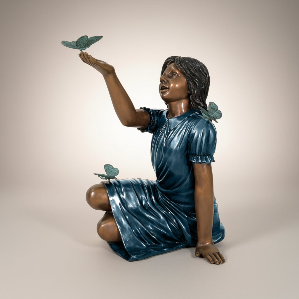 Sitting Girl with Butterflies Bronze Statue