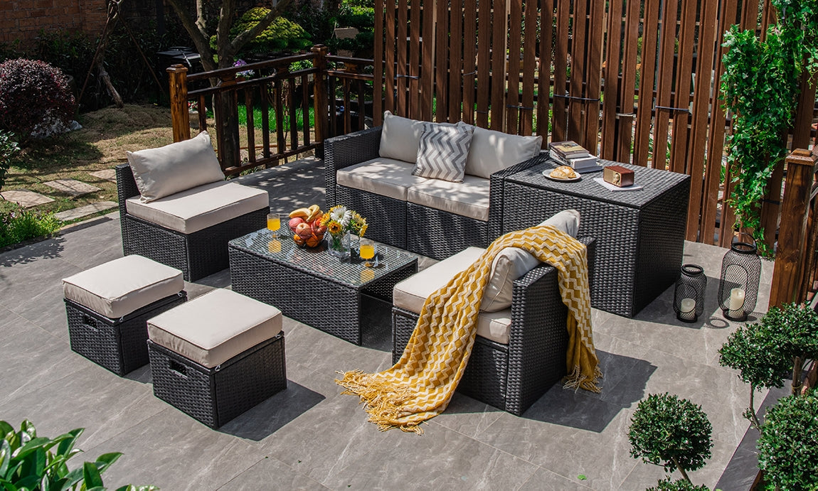 8 Pieces Patio Rattan Storage Table Furniture Set-Off White