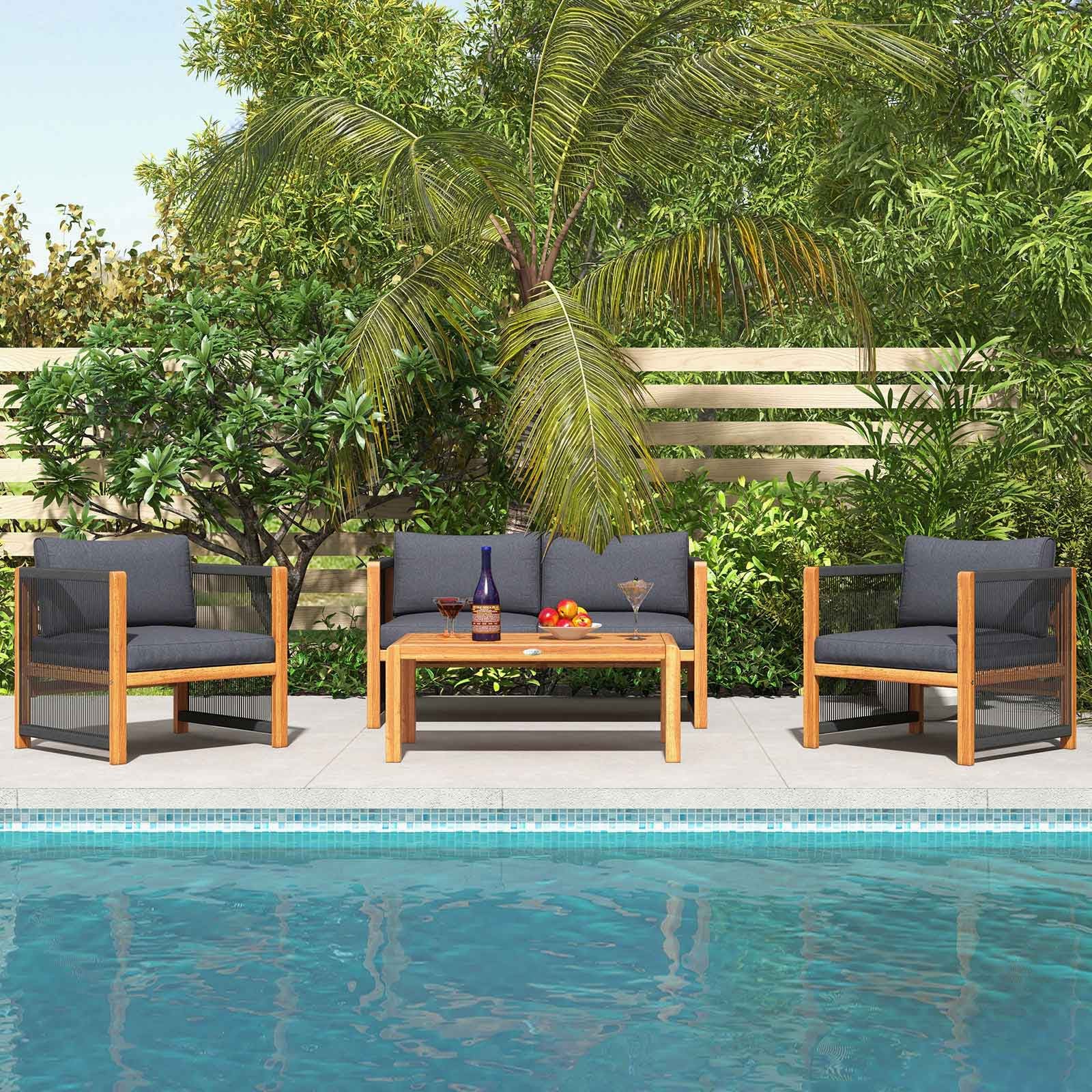 4 Pieces Acacia Wood Outdoor Patio Furniture Set with Cushions-Gray